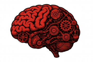 Human brain transforming into a steampunk machine with gears and pipes, symbolizing artificial intelligence and mechanical thought