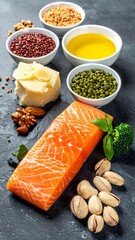 Healthy foods arranged on a dark surface
