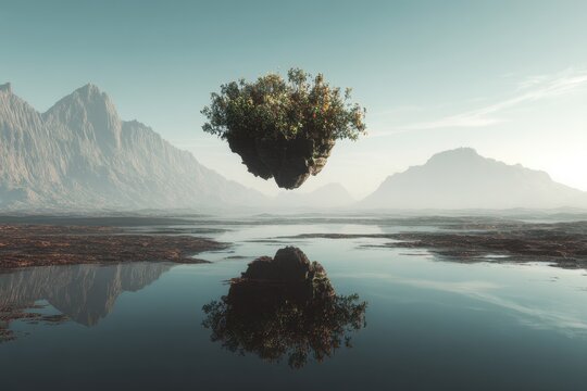 Surreal floating island with blooming tree above tranquil water and misty mountains