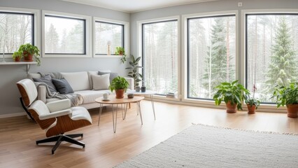 Fototapeta premium A bright, modern Scandinavian-style living room with large windows looking out onto a snowy forest.