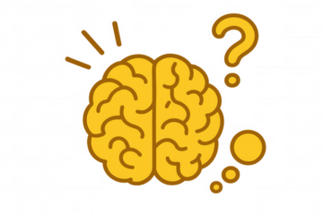 Brain generating ideas, solving problems, and thinking with a question mark and thought bubbles, transparent background