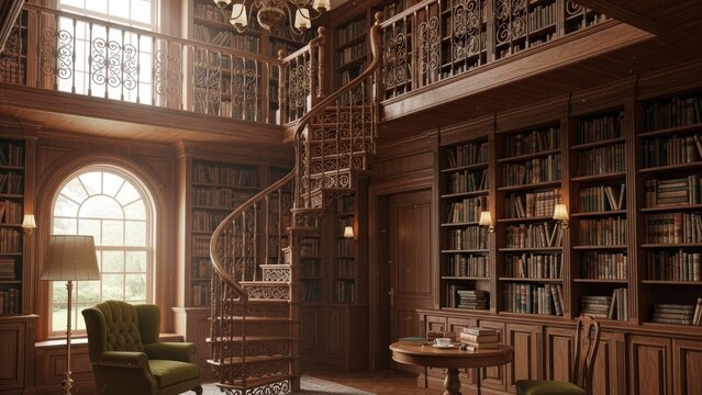 An elegant, classic library with wood paneling, a spiral staircase, and walls of books.