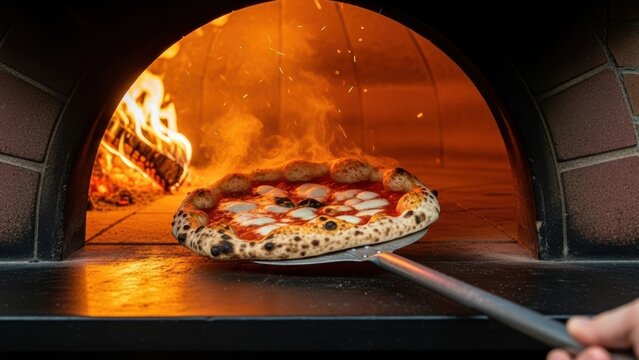 A Neapolitan pizza on a peel being taken out of a hot, wood-fired brick oven. - Powered by Adobe