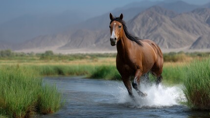 Galloping horse splashing through stream in scenic valley nature photography wildlife vibrant landscape