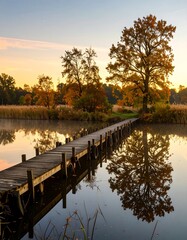 Autumnal wooden bridge over a tranquil lake at dawn
