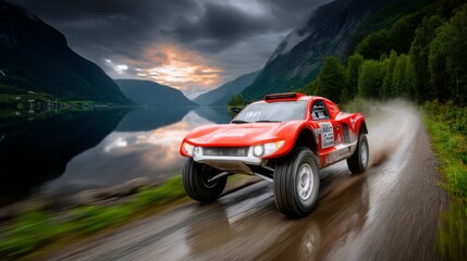 Naklejka premium Thrilling off-road race scenic mountain lake action photography dramatic weather dynamic viewpoint adventure spirit