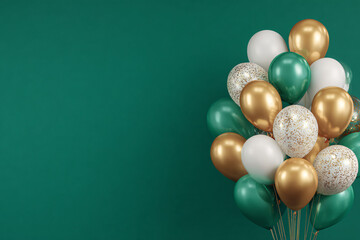 Festive banner with bunches of gold, white, and green balloons in the corner, emerald green background filling the frame. Modern minimalist design for celebration themes.