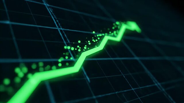A green arrow is pointing upwards on a black background. The arrow is surrounded by a green line, which gives the impression of a graph or chart. Concept of growth, progress, or improvement