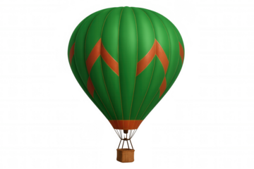 Green and orange hot air balloon with wicker basket against transparent background, symbolizing travel and adventure