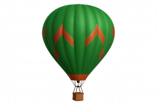 Green and orange hot air balloon with wicker basket against transparent background, symbolizing travel and adventure