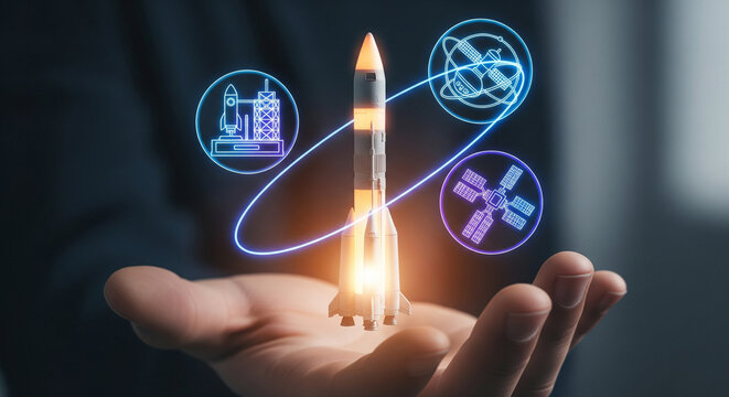 Hand holding a miniature rocket launching with holographic icons representing space exploration, technology, and innovation