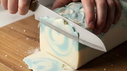 Hands skillfully slicing a marbled soap block on a wooden cutting board in a bright kitchen - Powered by Adobe