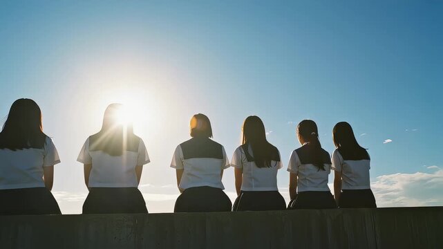 太陽に向かって座る制服姿の女子高生6人組。後ろ姿のシルエット