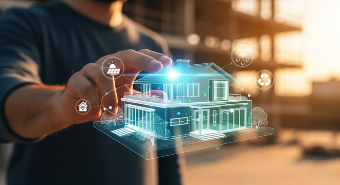Man holding a futuristic 3d model of a house with glowing digital icons representing smart home technology and connectivity