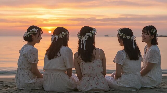 花冠をつけた女子高生たちが夕陽を眺める