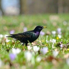Bird in spring meadow