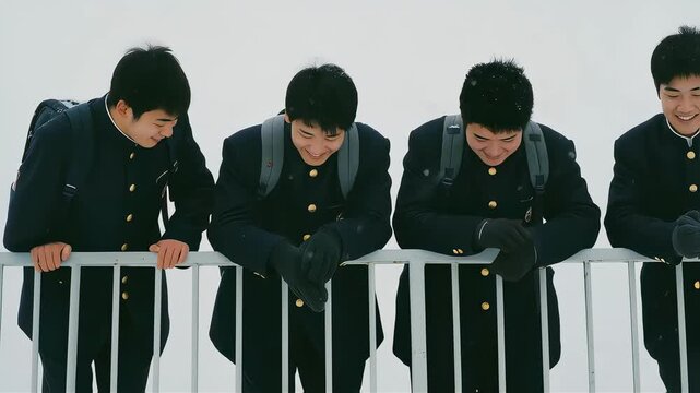 冬の学校の屋上で笑い合う男子高校生