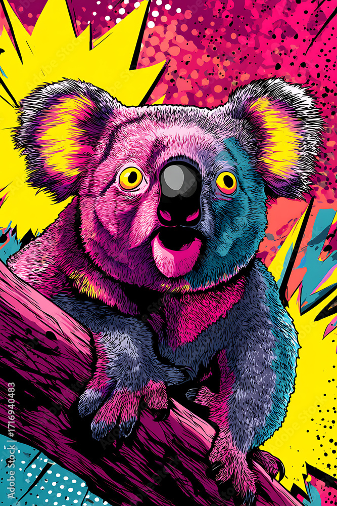 Poster vibrant pop art koala perched on a branch with colorful background and explosive patterns