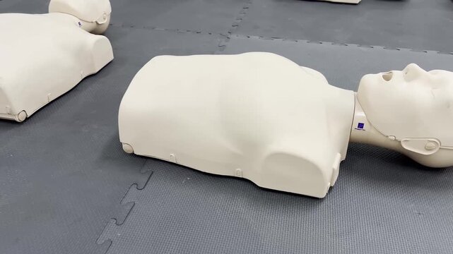 CPR practice with mannequins, demonstrating first aid training techniques.