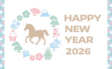 Japanese New Year Card Design with Zodiac Horse and Icons (Pastel)