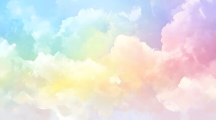A serene and dreamy sky filled with soft pastel hues, showcasing a painted effect of fluffy clouds against a gentle color gradient.