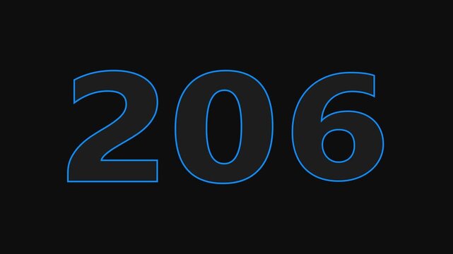 206 number countdown icon on black background 4k animation.	
