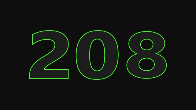 208 number countdown icon on black background 4k animation.	
