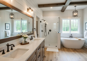 Beautiful ensuite bathroom in new farmhouse style luxury home with double vanity freestanding soaker bathtub mirror sinks shower and hardwood floor