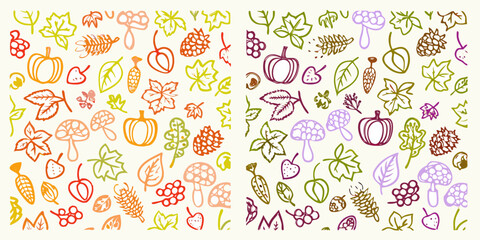 Whimsical hand drawn autumn harvest elements seamless pattern with pumpkins leaves mushrooms and berries