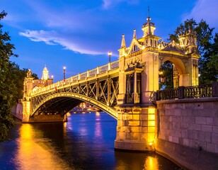 Obraz premium Illuminated bridge at twilight over a calm river