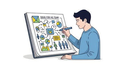Man brainstorming ideas for his team, sketching a detailed plan on a large notepad.