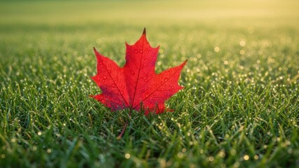 A vibrant red maple leaf on dewy green grass with a soft-focus background.