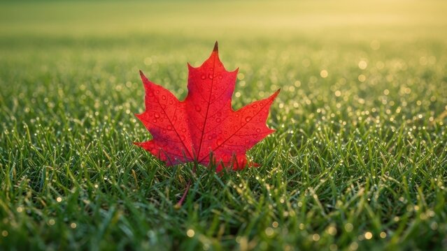 A vibrant red maple leaf on dewy green grass with a soft-focus background. - Powered by Adobe