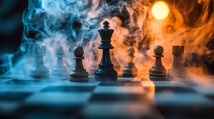 Dramatic close-up chessboard with black queen and knight in smoky atmosphere