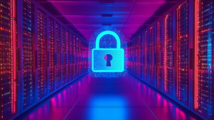 High-tech data center with glowing digital padlock symbolizing cybersecurity and data protection