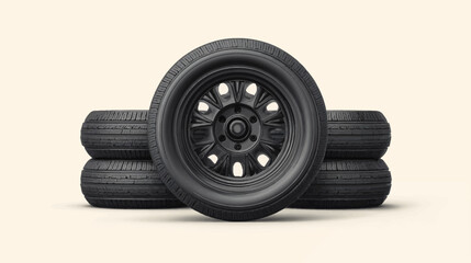 Black tires stacked, classic car wheel design.