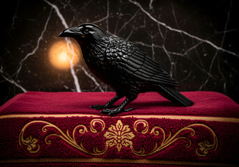Black raven figurine perched on a luxurious burgundy towel with intricate patterns, set against a dark marble background, creating an elegant and dramatic atmosphere