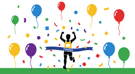 A triumphant runner breaks through the finish line tape amidst a celebratory explosion of colorful balloons and confetti, signifying victory and achievement.