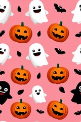Fototapeta premium Cute Ghosts, Happy Pumpkins, and Bats on Pink Background Pattern