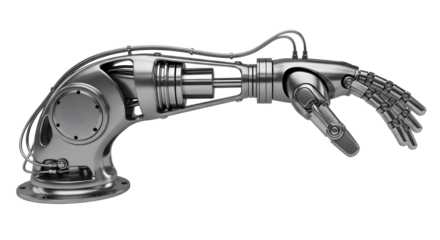 Futuristic Robot Arm in Metallic Silver with Mechanical Details and Articulated Hand