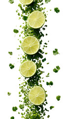 Lime slices cascading down a vibrant green backdrop