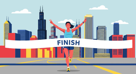 An illustration of a triumphant female runner breaking the finish line banner in a vibrant urban marathon setting.