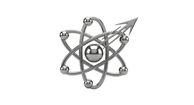 Futuristic Silver Atomic Model with Arrow in White Background