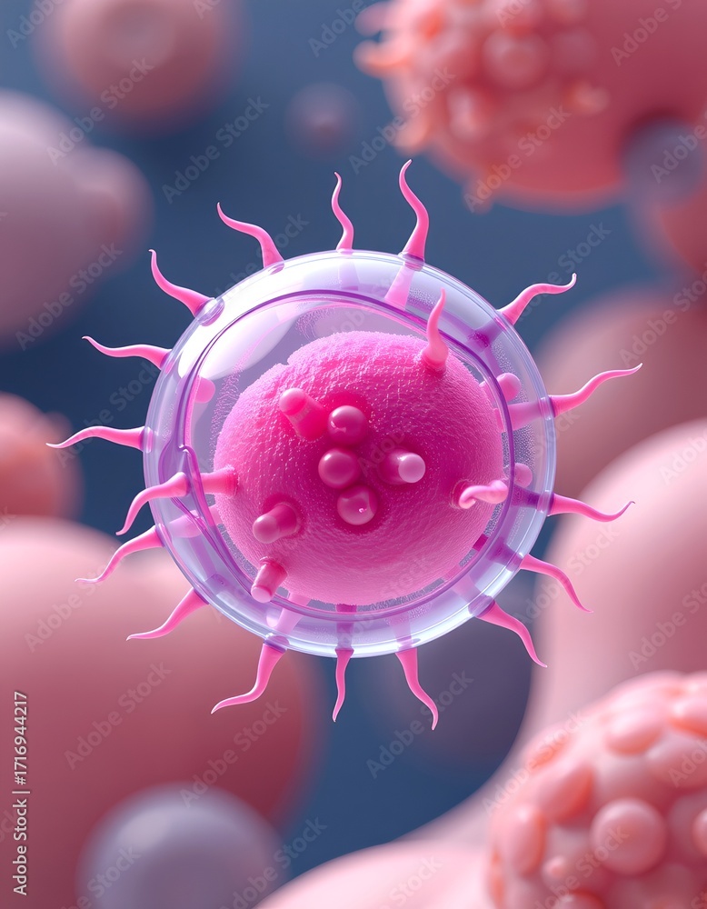 Poster abstract representation of a single cell, highlighting its intricate structure and biological compos
