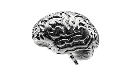 Futuristic Silver Brain with Circuitry Design on White Background