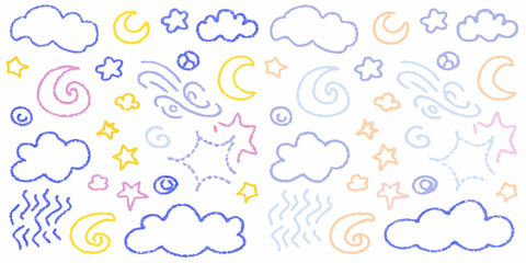 Whimsical hand drawn pastel sky elements with clouds moons and stars on white background