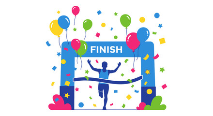 A runner crosses the finish line, celebrating under a colorful archway filled with balloons and confetti.