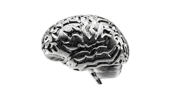 Futuristic Silver Brain with Circuitry Design on White Background