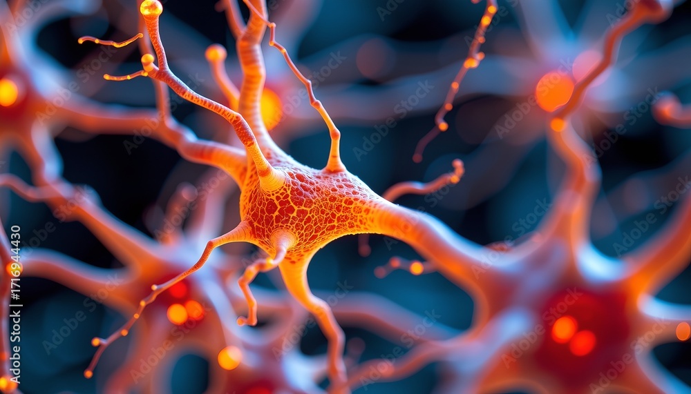 Poster A close-up view of detailed neurons, showcasing their intricate structure in a vibrant color palette. The image is a visual representation of the nervous system's complexity