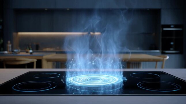 Close up view of a sleek, black induction cooktop with glowing blue rings, emitting soft blue smoke, set in a modern kitchen with a blurred background.